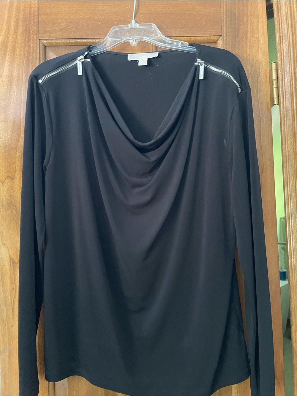 Michael Kors Black Drape-Neck Long Sleeve Top with Silver Shoulder Zippers